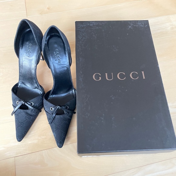 Gucci GG Monogram Logo Heels Canvas & Leather Bow Black size 7 - Picture 1 of 9
